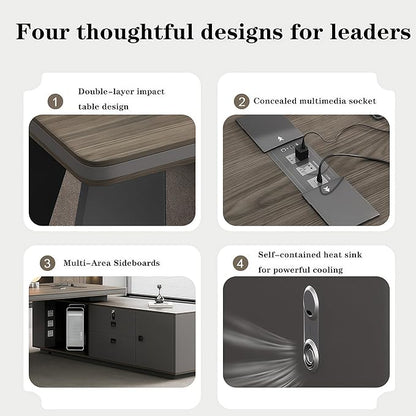 L Shaped Executive Desk, 102.4 inch Large Executive Computer Desk Set Drawers and Lockable, Power Socket and USB Port Storage, Without Display Racks and Bookshelves