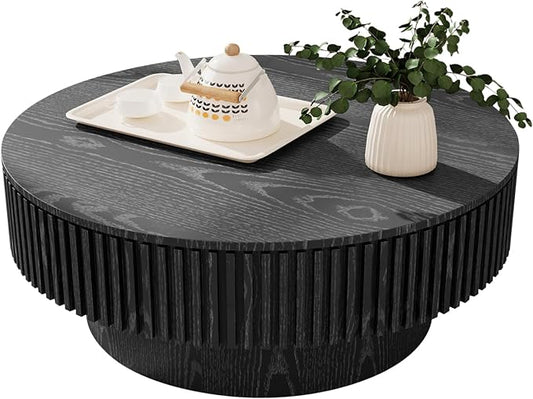 31.5'' Round Coffee Table for Living Room, Fluted Coffee Table with Hidden Storage, Solid Wood Veneered Circle Table, Modern Tea Table for Small Space Apartment (Black)