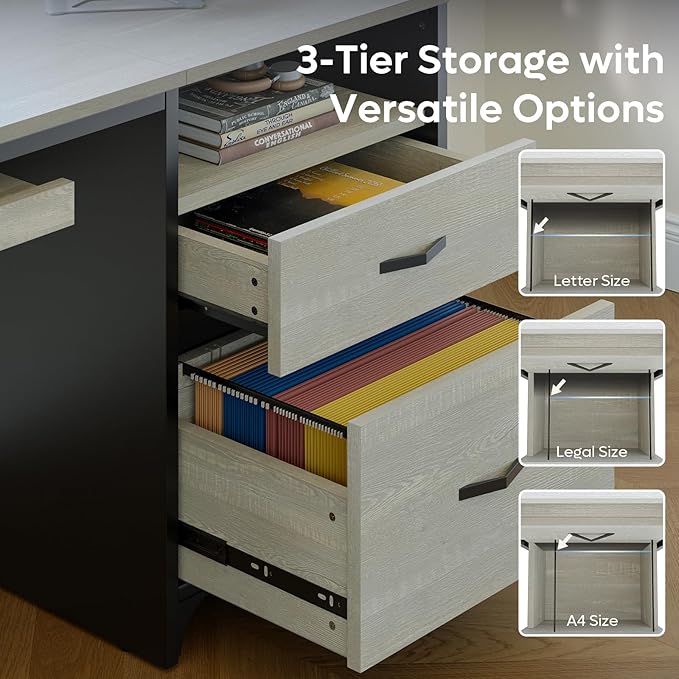 Bestier Office Desk with Drawers, 55 inch Industrial Computer Desk with Storage, Wood Teacher Desk with Keyboard Tray & File Drawer for Home Office, Wash White