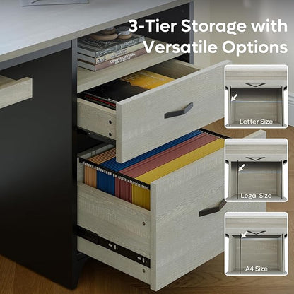 Bestier Office Desk with Drawers, 55 inch Industrial Computer Desk with Storage, Wood Teacher Desk with Keyboard Tray & File Drawer for Home Office, Wash White