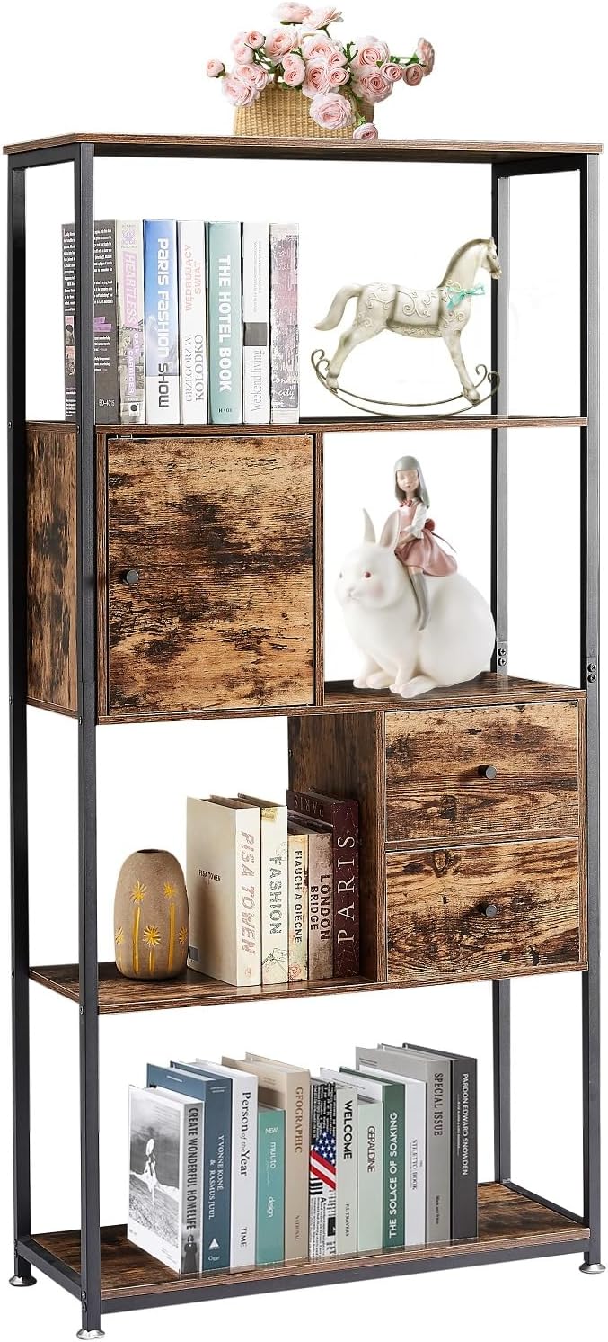 VECELO 5-Tier Bookshelf with 2 Storage Drawers & 1 Cabinet,Industrial Display Standing Shelf, Metal Frame Wood Storage Shelf,Open Bookcases for Living Room, Bedroom, Home,Office
