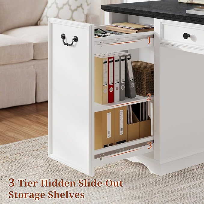 60'' Farmhouse Executive Desk with Drawers, Home Office Desk with Power Outlet & Keyboard Tray, Wood Computer Desk with File Drawer & Slide-Out Storage Shelves, Writing Desk for Work, White