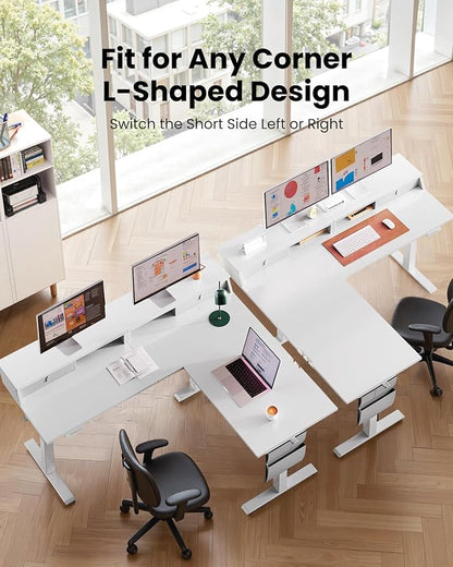 ErGear L Shaped Electric Standing Desk, 63" Ergonomic Corner Height Adjustable Desk with Drawers, Sit Stand Computer Table with Storage for Work Office Home, White