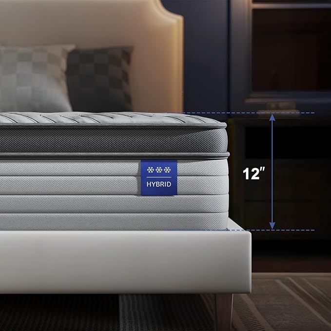 Firm King Size Mattress 12 Inch Hybrid King Mattress with Gel Memory Foam-Cooling Ice Silk Top, Support&Back Pain Relief, Individual Pocket Spring, CertiPUR-US Certified Mattress in a Box