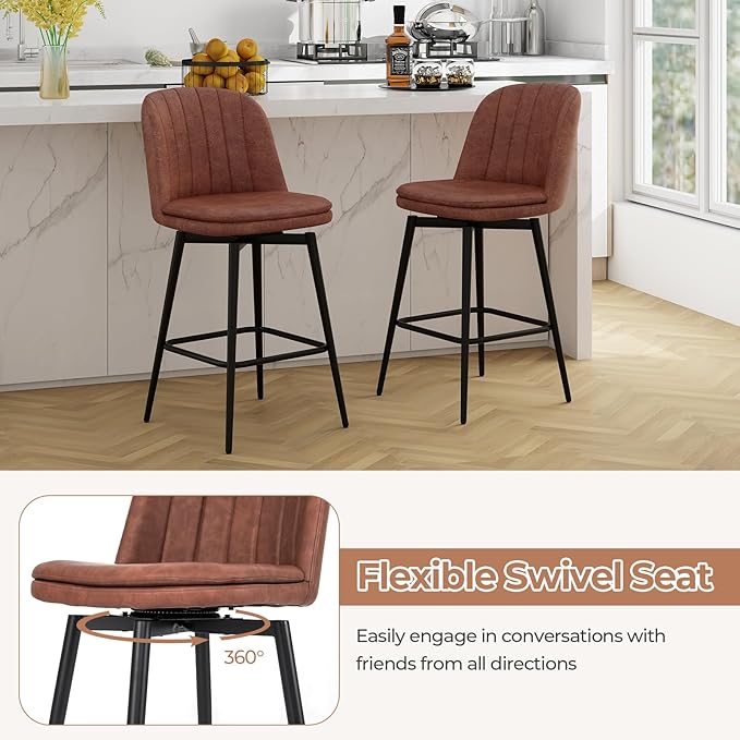 COSTWAY Bar Stool Set of 2, 27 Inch Swivel Counter Height Chair with Padded Seat, Metal Legs & Footrest, PU Leather Bar Chair for Kitchen Island (2)
