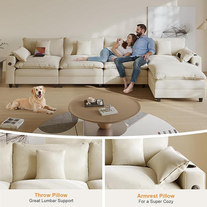 Cloud Couch, Modular Sectional Sofa with Ottoman, Charging Station, Throw Pillows, Cup Holders, Modern Convertible L Shaped Couches for Living Room, Bedroom (White, 152"- L Shape)