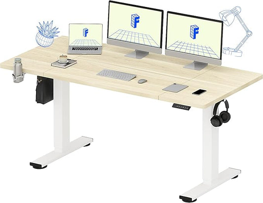 FLEXISPOT 63x32 Inch Electric Large Standing Desk for Home & Office, Spacious Splice Board Desk with Cable Management & Organizer, Cup Holder & Hook, White Wood Grain