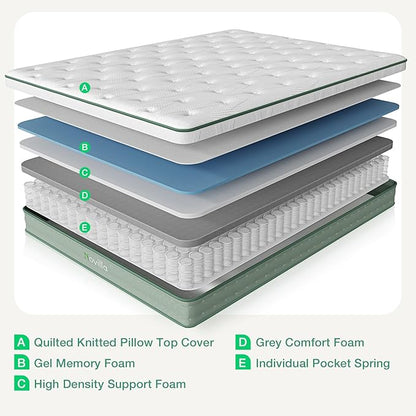 Novilla Queen Size Mattress, 10 Inch Hybrid Mattress in a Box, Foam with Individual Pocket Coils for Quality Sleep, Pillow Top Queen Mattresses with Quilted Cover, Release Pressure