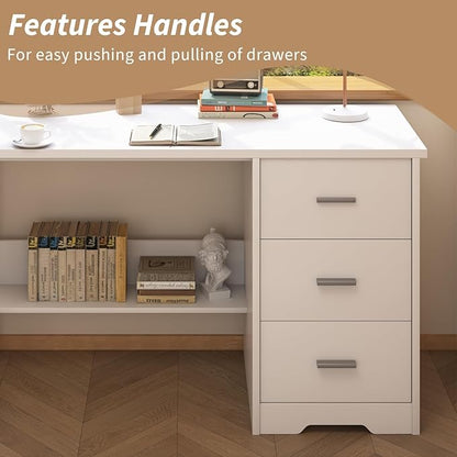 White Desk with 3 Drawers, 47 Inch Computer Desk with Drawers for Bedroom, Small Home Office Desk with File Cabinet, Bottom Shelves for Small Spaces