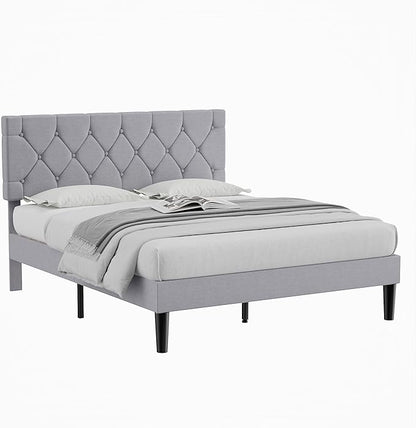 VECELO Queen Size Bed Frame with Button Tufted Headboard, Upholstered Platform Bedframe with Wood Slat Support, No Box Spring Needed, Linen Grey