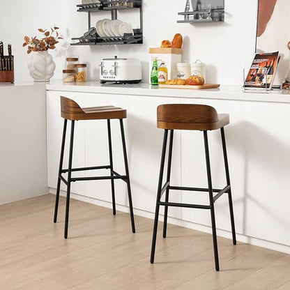 COSTWAY Bar Stool Set of 2, 29'' Industrial Pub Stool with Low Backrest and Footrest, Metal Legs, Breakfast Counter Height Chair for Island Living Room Kitchen Bar, Rustic Brown & Black