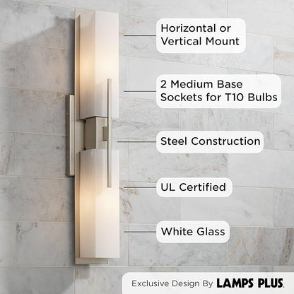 Possini Euro Design Midtown Mid Century Modern Wall Mount Light Brushed Nickel Silver Metal 23 1/2" Wide 2-Light Vanity Fixture Rectangular White Glass Decor for Bathroom Over Mirror House Home