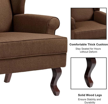 Accent Chair, High Back Upholstered Armchair with High Resilience Sponge & Wood Legs, Mid-Century Modern Comfy Single Sofa Reading Chairs for Living Room, Bedroom (Brown, Set of 1)