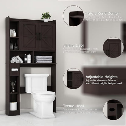 Vabches Over The Toilet Storage Cabinet, Farmhouse Storage Cabinet Over Toilet with 2 Barn Door & Toilet Paper Holder Stand，Home Space-Saving Toilet Rack, for Bathroom, Restroom, Laundry