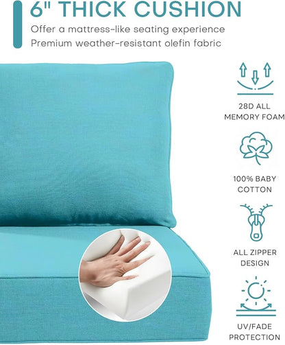 Luxury 24x24x6 Inch Outdoor Cushions - Water&UV&Fade Resistant 1 Set Zippered Patio Chair Cushion for Wicker Dining Rocking Swivel Chairs Loveseat Couch Sectional Sofa - Turquoise
