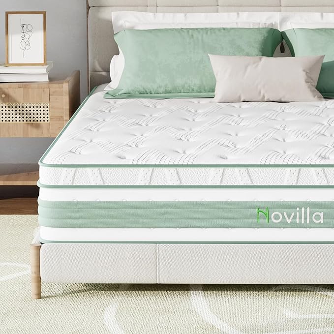 Novilla King Mattress, 12 Inch Hybrid Mattress, High Density Gel Foam with Pocket Coils for a Cozy Sleep, Motion Isolation Medium Firm King Size Mattresses, Pillow Top Mattresses, Balance Support