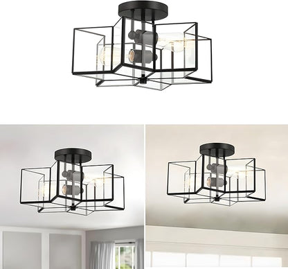 Bofea-Modern Black Semi Flush Mount Ceiling Light Star Ceiling Light Vintage Octagon Lights Fixture Black Flush Light Fixture for Bedroom 2-Lights Clear Glass Semi Flush Mount Chandelier for Hallway