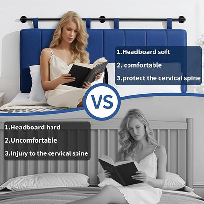 UEV King Headboard Only, Wall Mounted Hanging Upholstered Bed Head Board, Modern Vertical Channel Design of Fine Linen, Elegant Dark Blue Fluted Headboard for Bedroom (Dark Blue, King Size)
