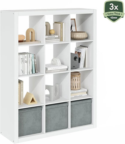 Furinno Cubicle Book Shelf, 12-Cube Bookshelf, Triple Thick Frame Cube Storage Organizer, Bookcase, 15.4 x 57.4 x 43.4, for Home Office, Living Room, Plain White