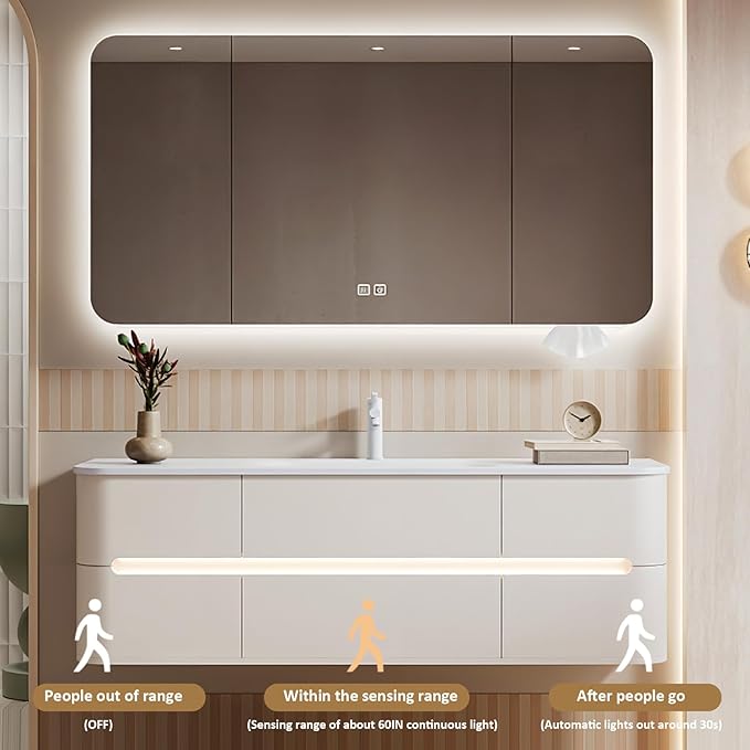 52IN Bathroom Vanity - Bathroom Vanity with Sink with Intelligent Induction Light | Wall-Mounted Bathroom Vanity with Intelligent LED Mirror Cabinet & 6 Drawers, Cream Color