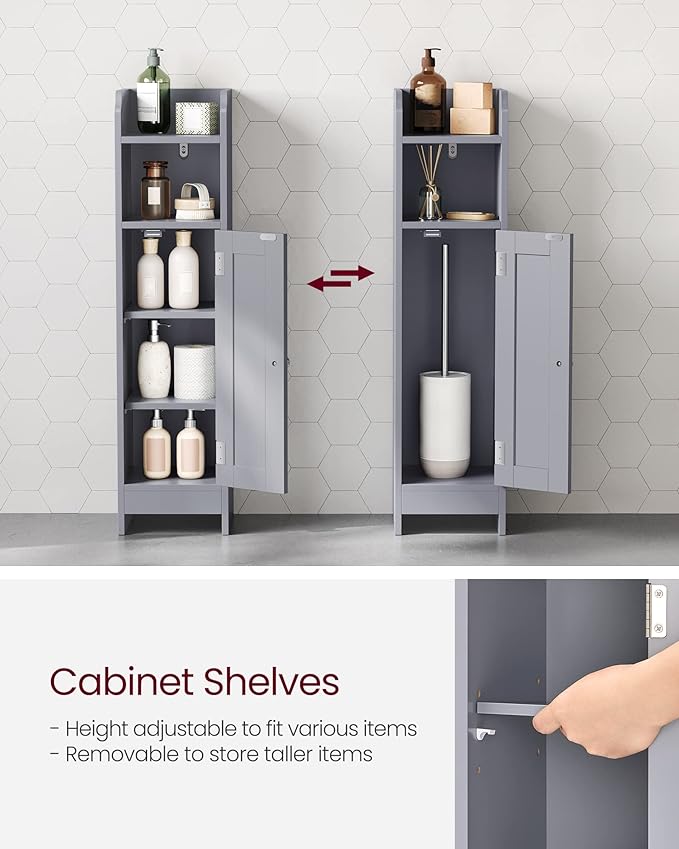 VASAGLE Small Storage Corner Floor Cabinet with Door, 7.9 x 7.1 x 31.5 Inches, Narrow Toilet Paper Storage Holder, Adjustable Shelves, for Bathroom, Living Room, Small Spaces, Dove Gray UBBC310P36