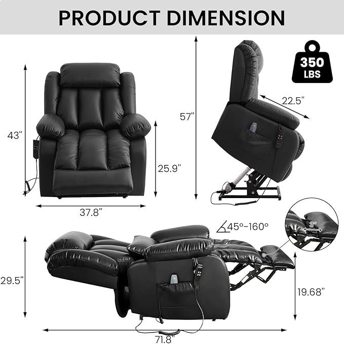 TEKAMON Power Lift Recliner Chair for Elderly with Heat & Massage, Dual Motor Genuine Leather Recliner, Lay Flat Sleeping Chairs with Infinite Position, RemoteControl(Black, Extended)