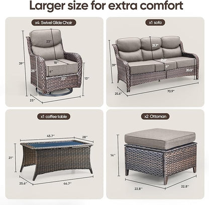 Swivel Patio Chairs sofa Set of 8 with 6" Thick Cushion - Wicker Outdoor Swivel Rocker Patio Chair ,Sofa/Glass coffee table, High Back Comfortable Outdoor Glider Chairs - Brown Wicker | Gery Cushions