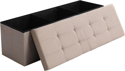 CUYOCA 45.3 Inches Storage Ottoman Bench Foldable Seat Footrest Shoe Bench End of Bed Storage with Flipping Lid, 166L Storage Space, Linen Fabric Sandy Beige