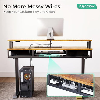 AODK Electric Standing Desk with Drawers & Keyboard Tray, 55 Inch Height Adjustable Gaming Desk with Power Outlets & LED Lights, Sit Stand Table with Monitor Stand for Home, Office, Rustic Brown