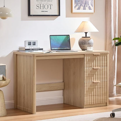 48" Modern Fluted Executive Desk with Storage Cabinet, Natural Wood Home Office Desk with File Drawer & Metal Handles, Large Computer Writing Table for Office,Study, Living Room, Bedroom