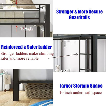 Higher Quality & Stronger Heavy Duty Industrial Style Metal Queen Over Queen Bunk Bed, Thickened More Stable Black Steel Bunkbed (Easier to Assemble)