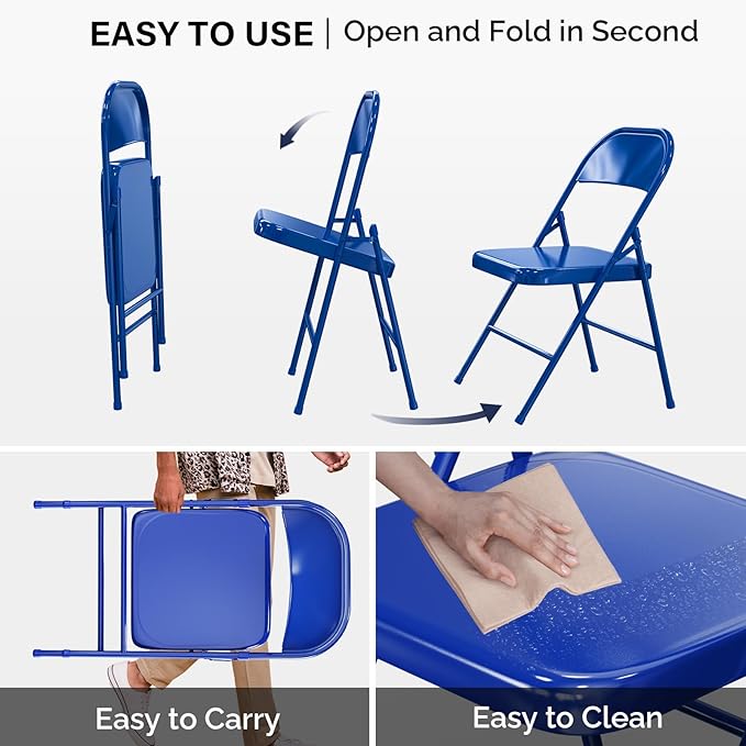 VINGLI Folding Chairs All Steel Metal Frame, Capacity 350 lbs, Durable Portable and Versatile for Indoor Outdoor Use, Navy Blue, Set of 4