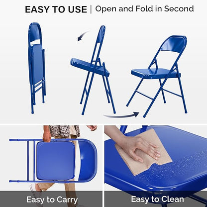VINGLI Folding Chairs All Steel Metal Frame, Capacity 350 lbs, Durable Portable and Versatile for Indoor Outdoor Use, Navy Blue, Set of 4