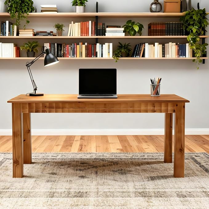 63-Inch Computer Desk, Solid Wood Home Office Desk with Sturdy Wooden Legs, Rustic Large Computer Office Table for Writing, Reading, Study, Brown