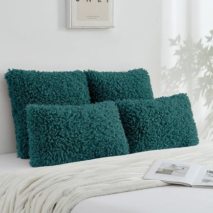 FUTEI Teal Decorative Throw Pillow Covers 22x22 Inch Set of 2,Soft Fluffy Faux Wool Fur Boucle Textured Cushion Case,Modern Home Decor for Couch Bed Living Room Office