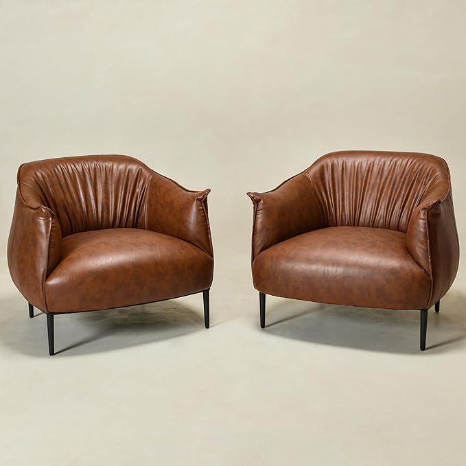 KINWELL 33" W Faux Leather Barrel Chairs Set of 2 with Hand-Tufted Pleated Back Flared Arms, Modern PU Upholstered Accent Chairs with Metal Legs, Large Armchairs Lounge Chairs for Living Room, Brown