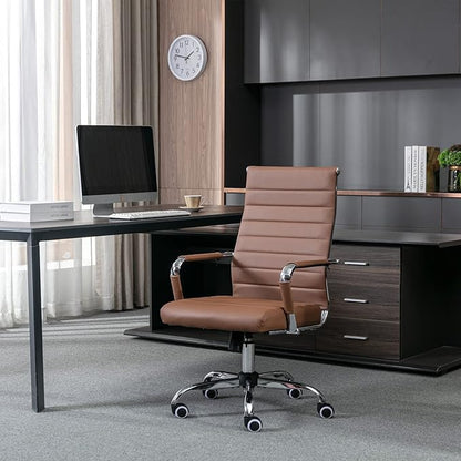 Home Office Chair Ribbed, Modern Leather Conference Room Chairs, High Back Executive Computer Chair, Ergonomic Office Desk Chair, Adjustable Swivel Chair with Arms (Brown)
