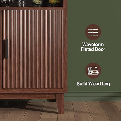 Fluted Buffet Cabinet with Storage, Modern Coffee Bar Cabinet with Outlet, Wine Rack, Cup Holder, Multi-Functional Accent Liquor Cabinet for Living Room, Entryway, Kitchen, Walnut