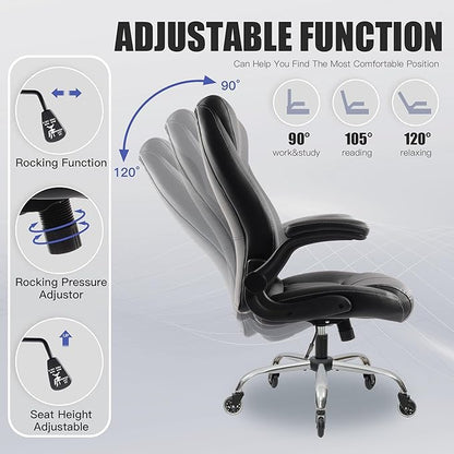 Big and Tall Office Chair for Heavy People, Executive Desk Computer Chair Adjustable Flip-up Armrests, PU Leather Swivel Task Chair with Ergonomic High Back and Lumbar Support