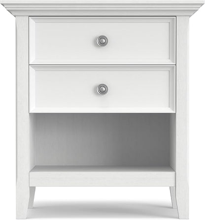 SIMPLIHOME Amherst Bedside Table - 24 inch Wide Solid Wood Nightstand Table in White, Transitional Bedroom Side or End Table with 2 Drawers, Open Storage Shelf and Bronze Hardware