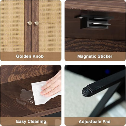 Rattan Toilet Storage Cabinet, Over The Rack Wood Cabinet with Metal Stand, Bathroom Organizer with Adjustable Shelf, Space Saving Cupboard for Small Bathrooms, Washer Shelf, Dark Brown