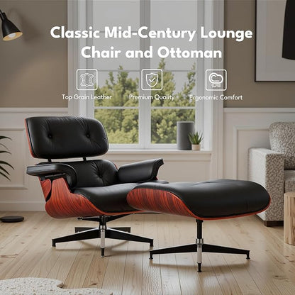 Top Black Grain Leather, Mid Century Chaise Lounge Chair and Ottoman, Modern Chair Classic Design, Heavy Duty Base Support for Living Room Study Lounge Office, Darkrosewood