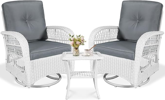 VIVIJASON 3-Piece Outdoor Conversation Bistro Set, Patio Swivel Glider Rocking Chairs Rattan Furniture Sets w/ 2 White Rattan Chairs, Glass Top Side Table for Porch Backyard, Grey Cushions