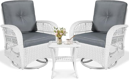 VIVIJASON 3-Piece Outdoor Conversation Bistro Set, Patio Swivel Glider Rocking Chairs Rattan Furniture Sets w/ 2 White Rattan Chairs, Glass Top Side Table for Porch Backyard, Grey Cushions