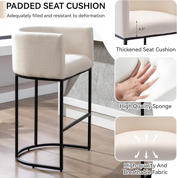 Contemporary Cream Linen Bar Stools Set of 4, 32" Upholstered Fabric Counter Height Bar Stools Kitchen Counter Island Stools with Black Metal Base