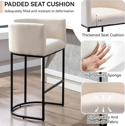 Contemporary Cream Linen Bar Stools Set of 2, 32" Upholstered Fabric Counter Height Barstool Kitchen Counter Island Stools with Black Metal Base