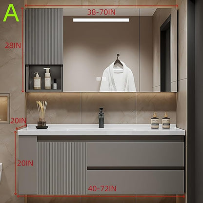 68IN Suspended Bathroom Cabinet Combo Set - Fully Functional LED Mirror with Smart Defogging & Time Display | Bathroom Vanity with Sink,Side Cabinet Storage Compartment (Style A)