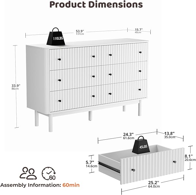 RECCI Fluted 6 Drawers Dresser for Bedroom, 54" Wide Chest of Drawers with 3D Fluted Panel, Faux Marble Top, Solid Wooden Legs, Storage Drawers, TV Stand, Closet Chests for Bedroom, White