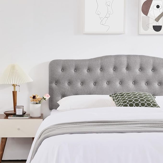 Upholstered Full Headboard, Button Diamond Tufted Headboards with Adjustable Height and Solid Wood Leg, Linen Fabric Padded Headboard for Full Size Bed, Mordern Head Board, Grey