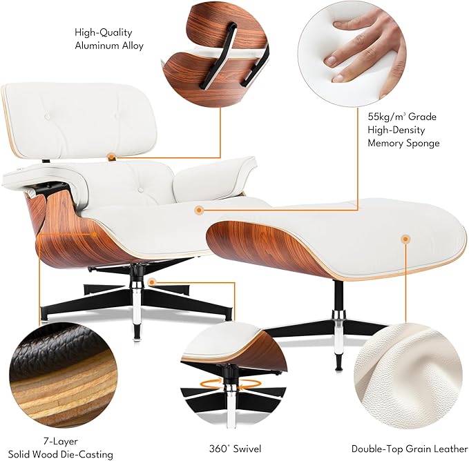 Top Grain Leather, Mid Century Chaise Lounge Chair and Ottoman, Modern Chair Classic Design, Heavy Duty Base Support for Living Room Study Lounge Office, Palisander-White, Heightening